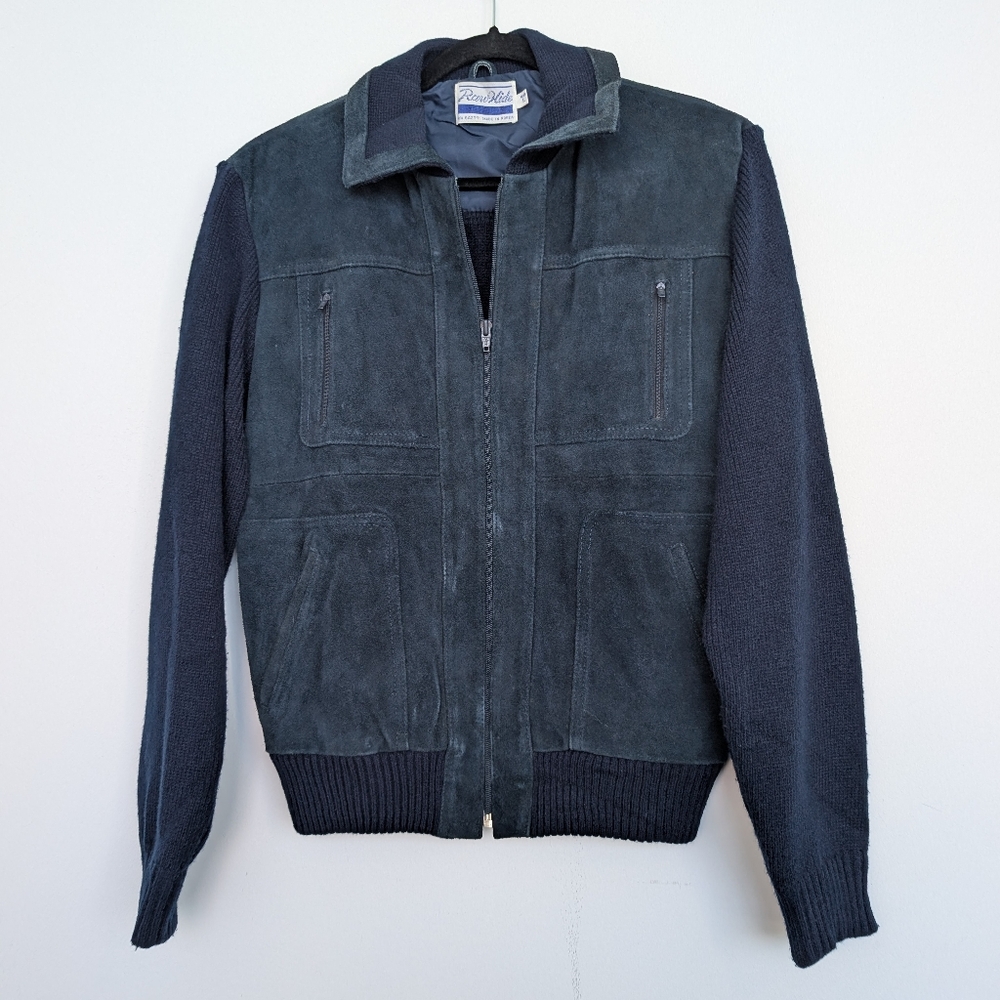 Vintage 80s Raw Hide Suede Knit Mixed Media Navy Full Zip Jacket Sz M